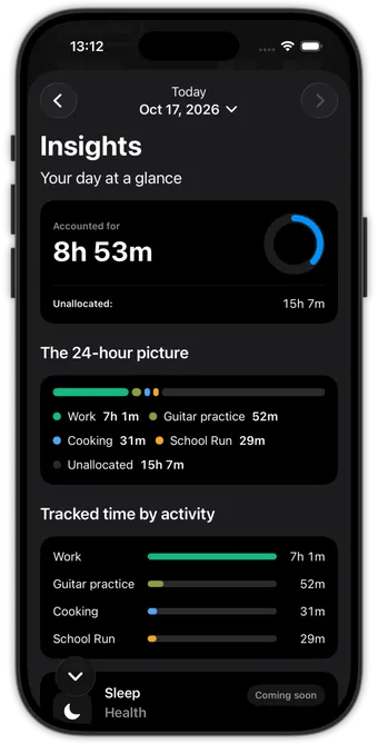 TiKC’s Insights screen: 8h 53m accounted for, a colour-coded 24-hour bar, and tracked time for Work, Guitar practice, Cooking and School Run