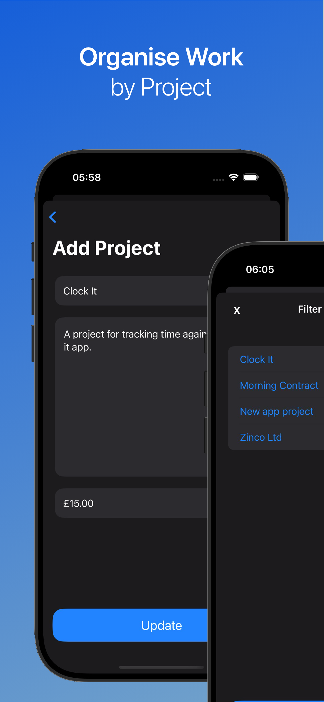 App store screen shot showing the add project screen with the text 'Organise work by project'
