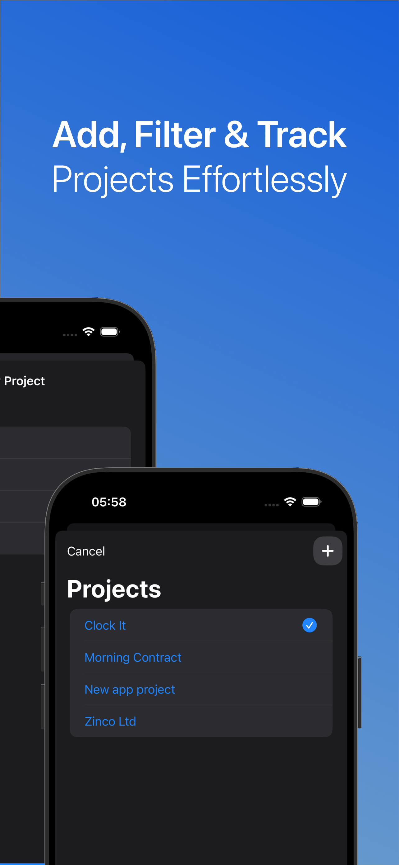 App store screen shot showing the projects filter screen with the text 'Add, Filter and Track projects effortlessly'